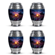 Misty Blue Campfire Cremation Urn urn with complimentary velvet bag - regal campfire design with crown-inspired accents - 10 inch aluminum urn for cremated remains