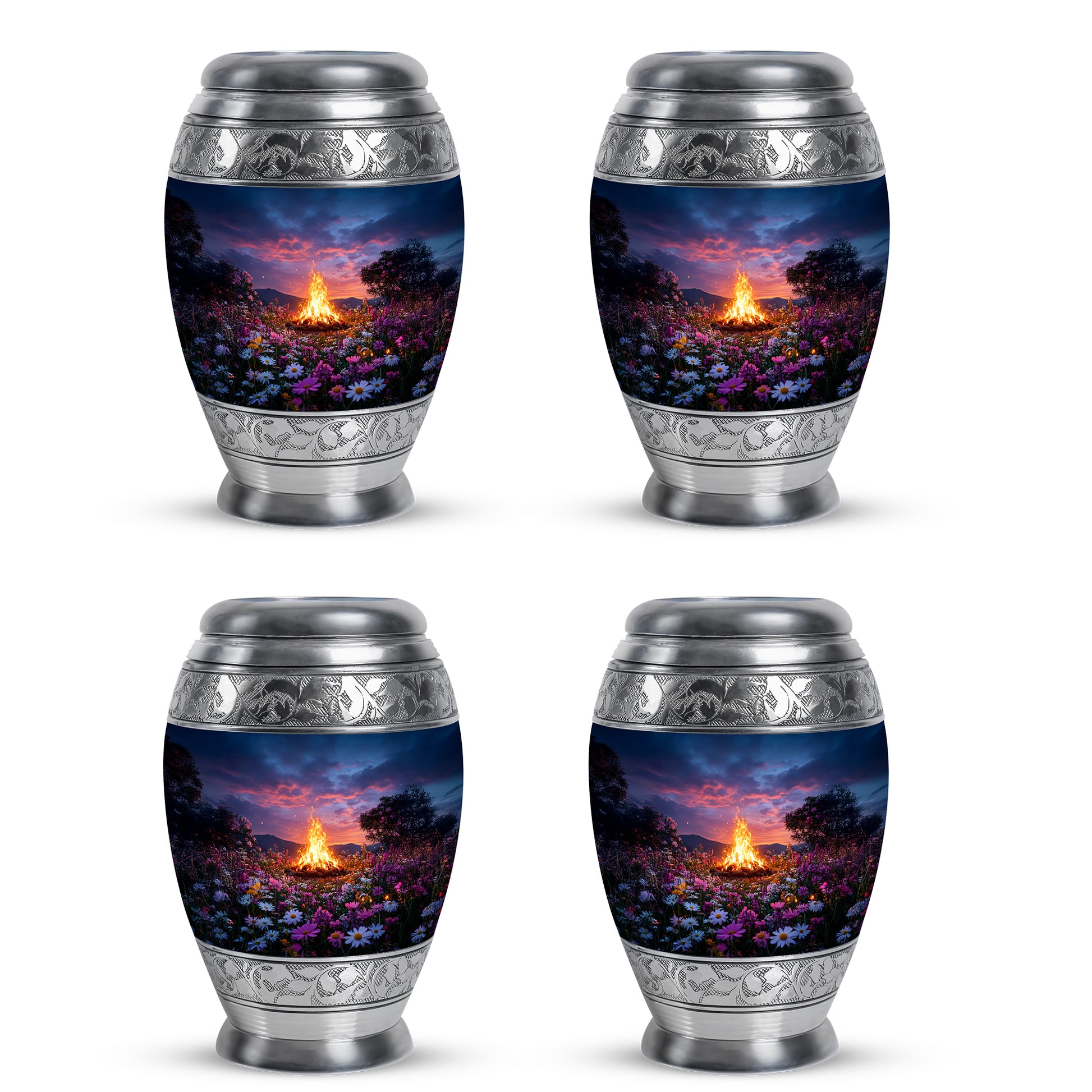 Misty Blue Campfire Cremation Urn urn with complimentary velvet bag - regal campfire design with crown-inspired accents - 10 inch aluminum urn for cremated remains