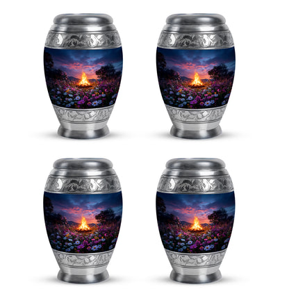 Misty Blue Campfire Cremation Urn urn with complimentary velvet bag - regal campfire design with crown-inspired accents - 10 inch aluminum urn for cremated remains