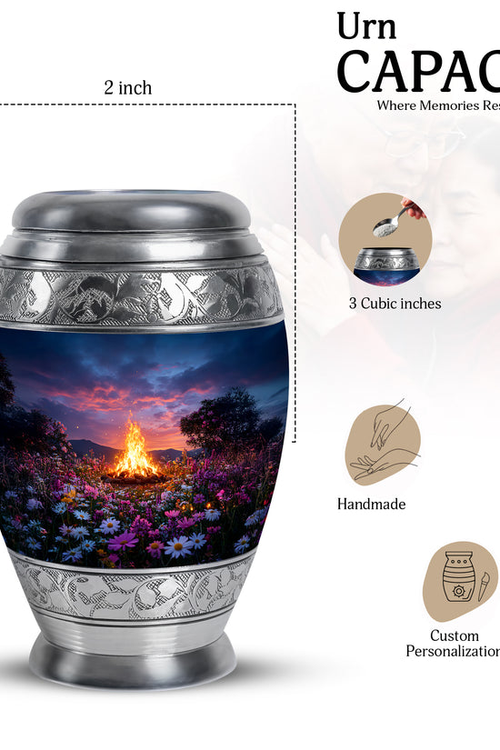 Misty Blue Campfire Cremation Urn lifestyle display on memorial shelf - ornate monarch-style campfire relief on brushed aluminum - mini keepsake memorial for portion of cremation ashes