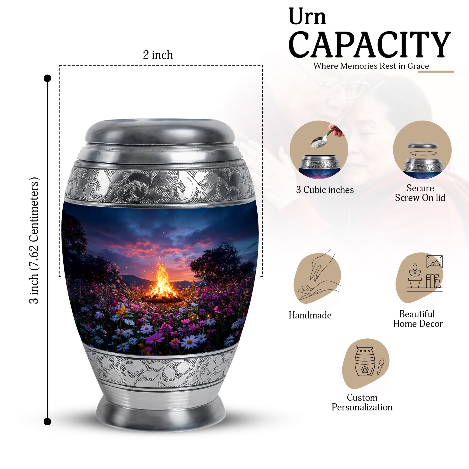 Misty Blue Campfire Cremation Urn lifestyle display on memorial shelf - ornate monarch-style campfire relief on brushed aluminum - mini keepsake memorial for portion of cremation ashes