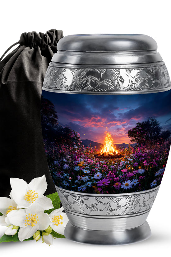 Slate Blue Campfire Cremation Urn back view with polished surface - ornate monarch-style campfire relief on brushed aluminum - full-size 10 inch 200 cubic inch adult cremation urn
