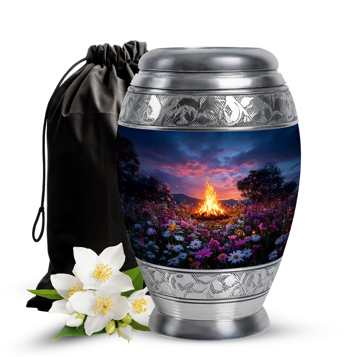 Slate Blue Campfire Cremation Urn back view with polished surface - ornate monarch-style campfire relief on brushed aluminum - full-size 10 inch 200 cubic inch adult cremation urn