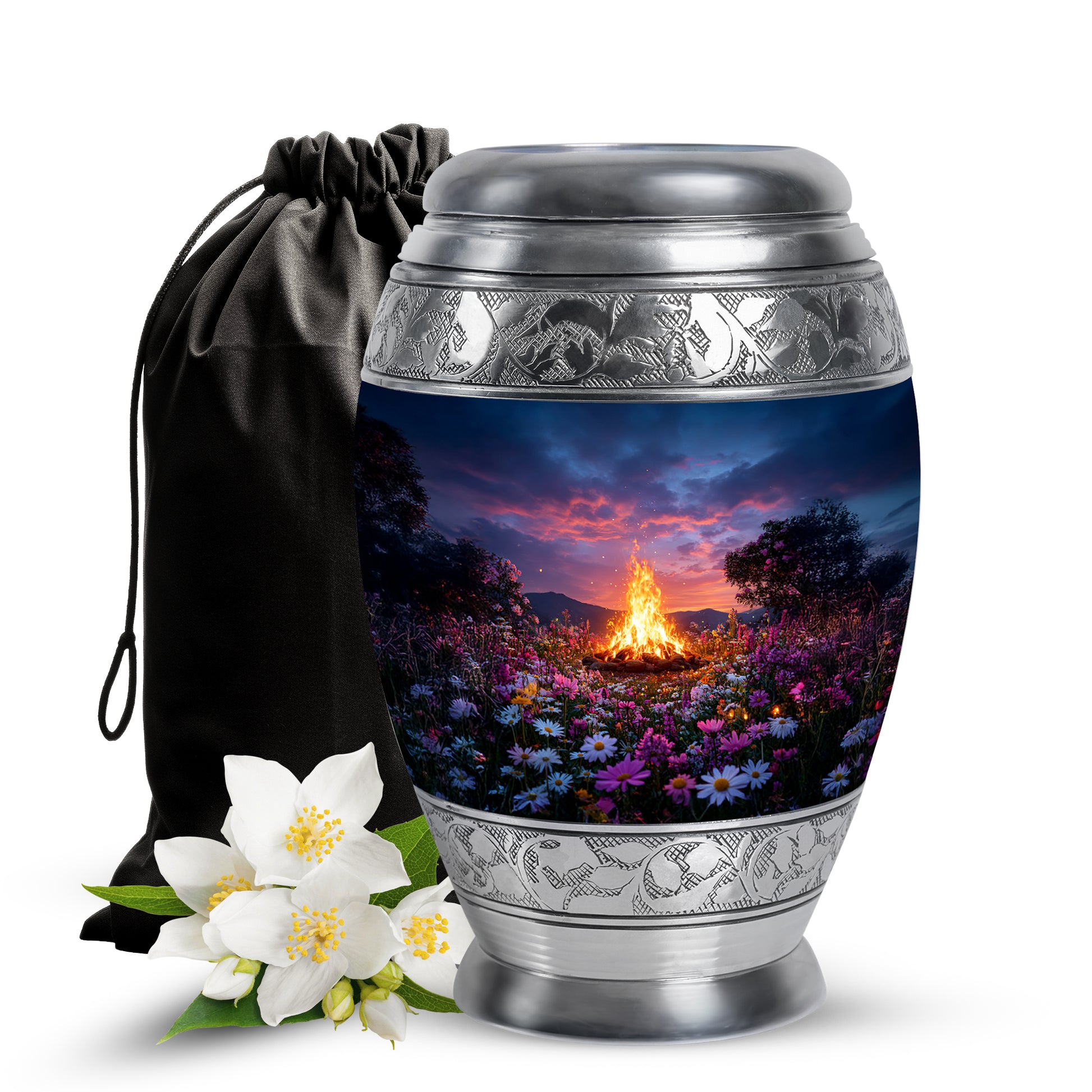 Slate Blue Campfire Cremation Urn back view with polished surface - ornate monarch-style campfire relief on brushed aluminum - full-size 10 inch 200 cubic inch adult cremation urn