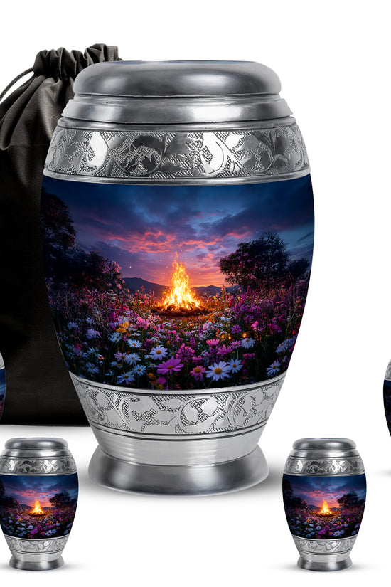 Dusty Blue Campfire Cremation Urn detail view - regal campfire design with crown-inspired accents - memorial set with one large and four small urns