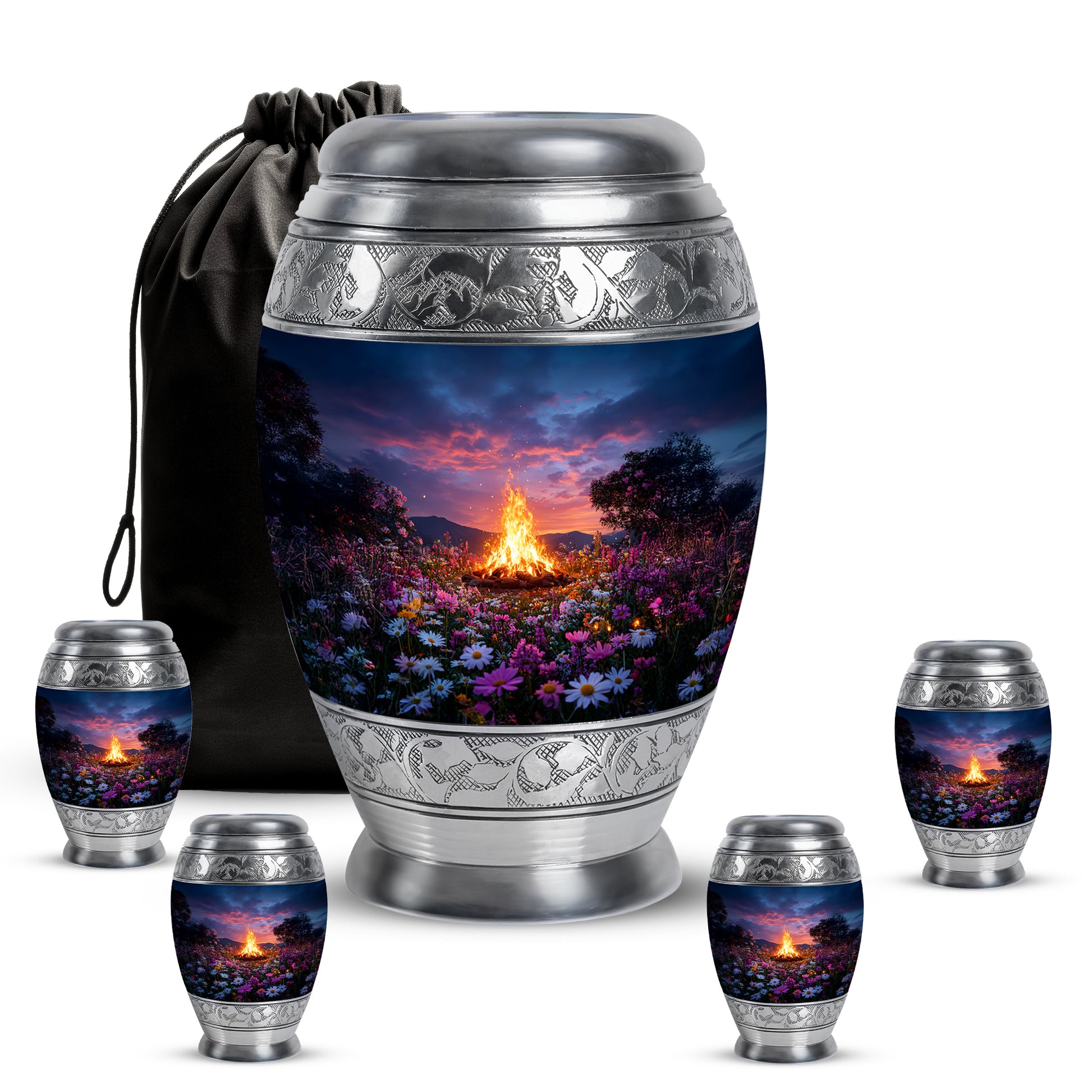 Dusty Blue Campfire Cremation Urn detail view - regal campfire design with crown-inspired accents - memorial set with one large and four small urns