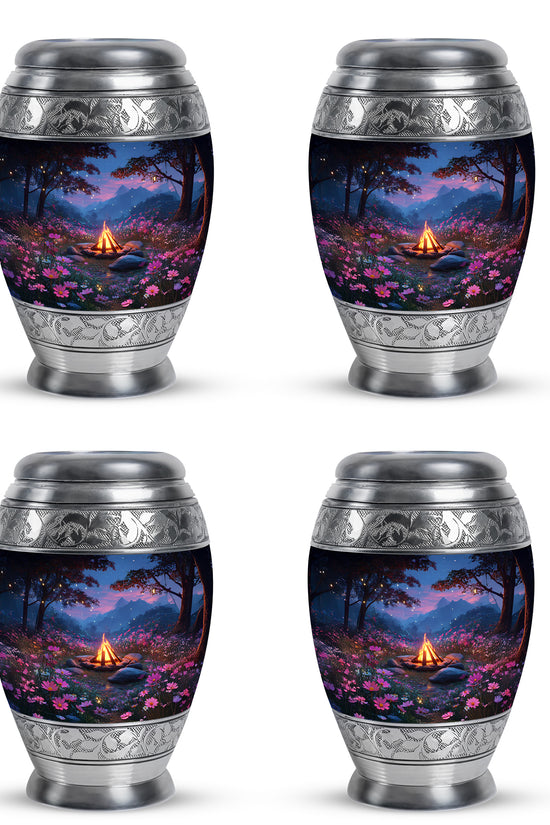 Celestial Blue Campfire Cremation Urn urn with complimentary velvet bag - ornate monarch-style campfire relief on brushed aluminum - 10 inch aluminum urn for cremated remains
