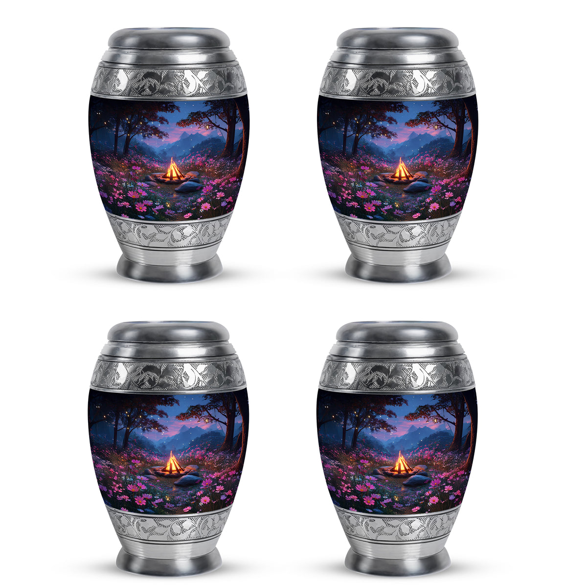 Celestial Blue Campfire Cremation Urn urn with complimentary velvet bag - ornate monarch-style campfire relief on brushed aluminum - 10 inch aluminum urn for cremated remains