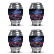 Celestial Blue Campfire Cremation Urn urn with complimentary velvet bag - ornate monarch-style campfire relief on brushed aluminum - 10 inch aluminum urn for cremated remains