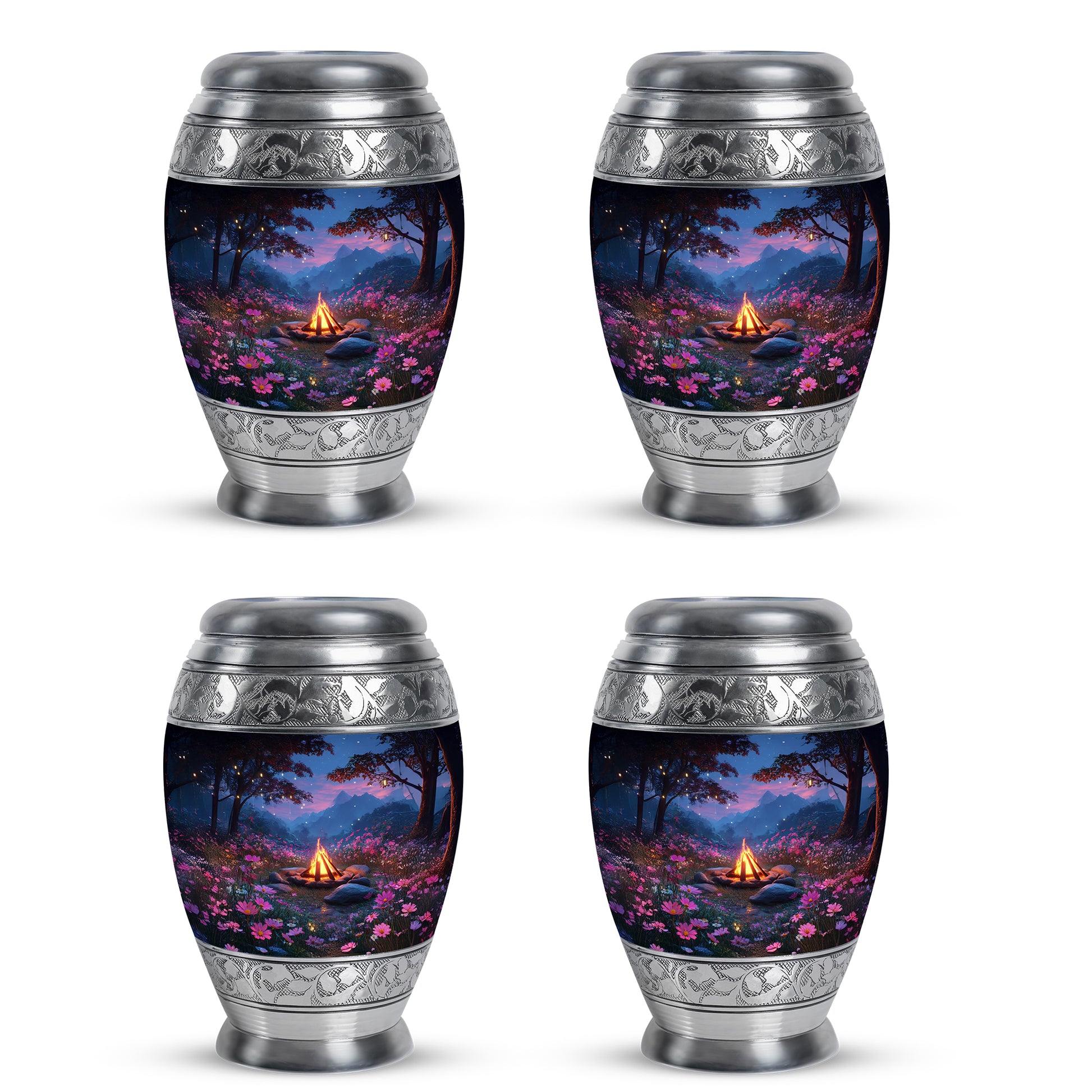Celestial Blue Campfire Cremation Urn urn with complimentary velvet bag - ornate monarch-style campfire relief on brushed aluminum - 10 inch aluminum urn for cremated remains
