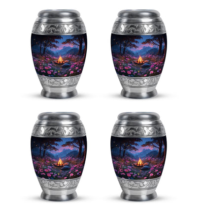 Celestial Blue Campfire Cremation Urn urn with complimentary velvet bag - ornate monarch-style campfire relief on brushed aluminum - 10 inch aluminum urn for cremated remains