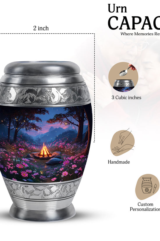 Icy Blue Campfire Cremation Urn lifestyle display on memorial shelf - regal campfire design with crown-inspired accents - mini keepsake memorial for portion of cremation ashes