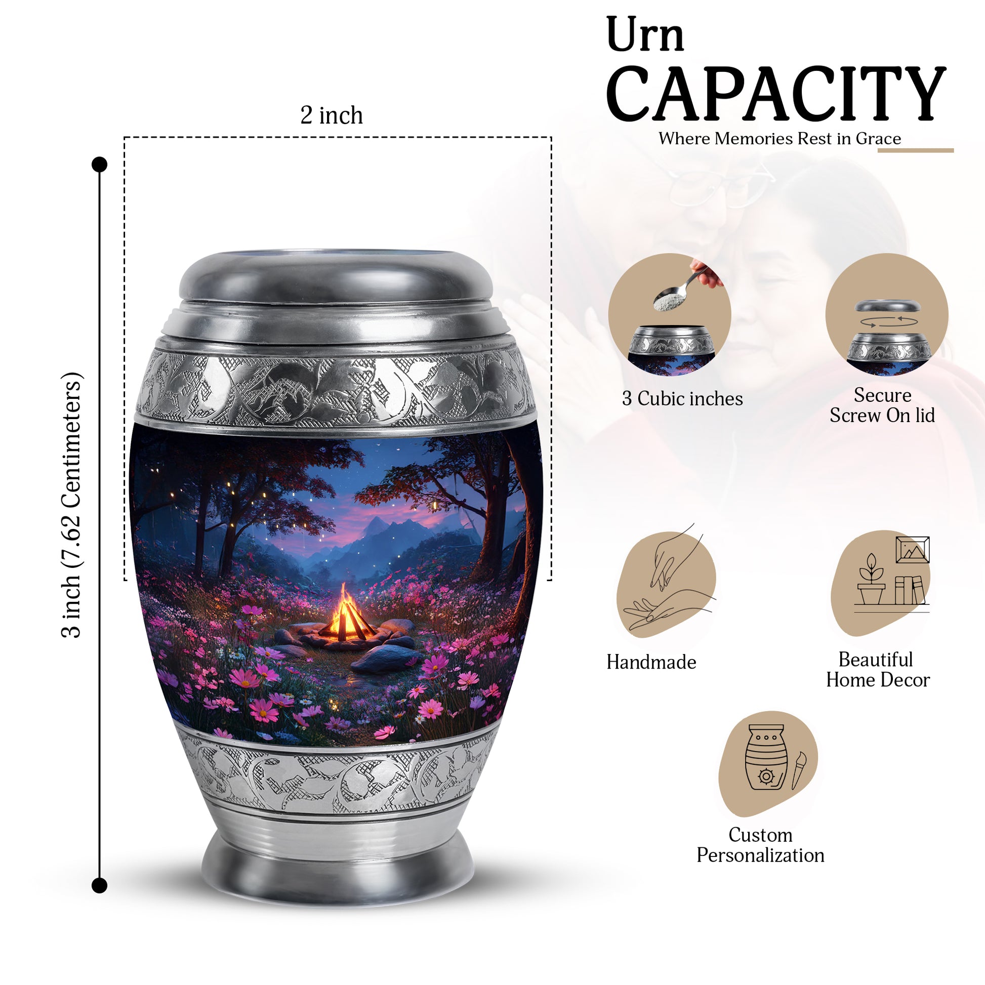 Icy Blue Campfire Cremation Urn lifestyle display on memorial shelf - regal campfire design with crown-inspired accents - mini keepsake memorial for portion of cremation ashes