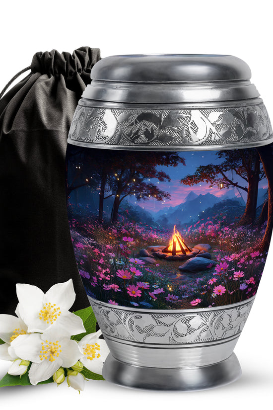 Twilight Blue Campfire Cremation Urn back view with polished surface - majestic campfire pattern with filigree border - full-size 10 inch 200 cubic inch adult cremation urn