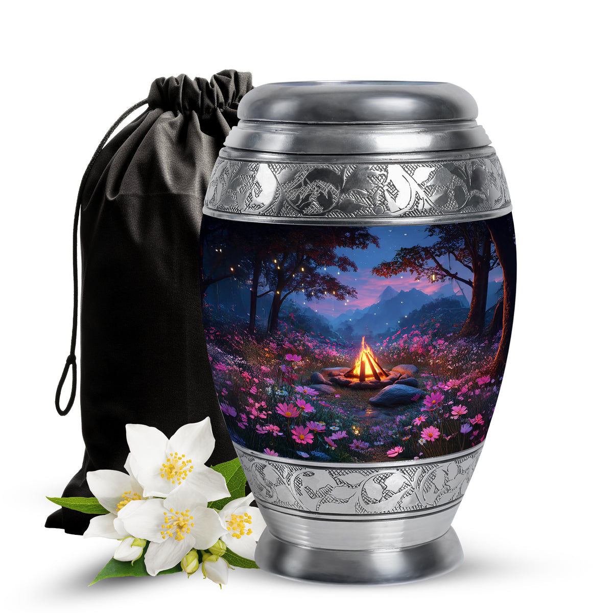Twilight Blue Campfire Cremation Urn back view with polished surface - majestic campfire pattern with filigree border - full-size 10 inch 200 cubic inch adult cremation urn