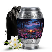 Twilight Blue Campfire Cremation Urn back view with polished surface - majestic campfire pattern with filigree border - full-size 10 inch 200 cubic inch adult cremation urn