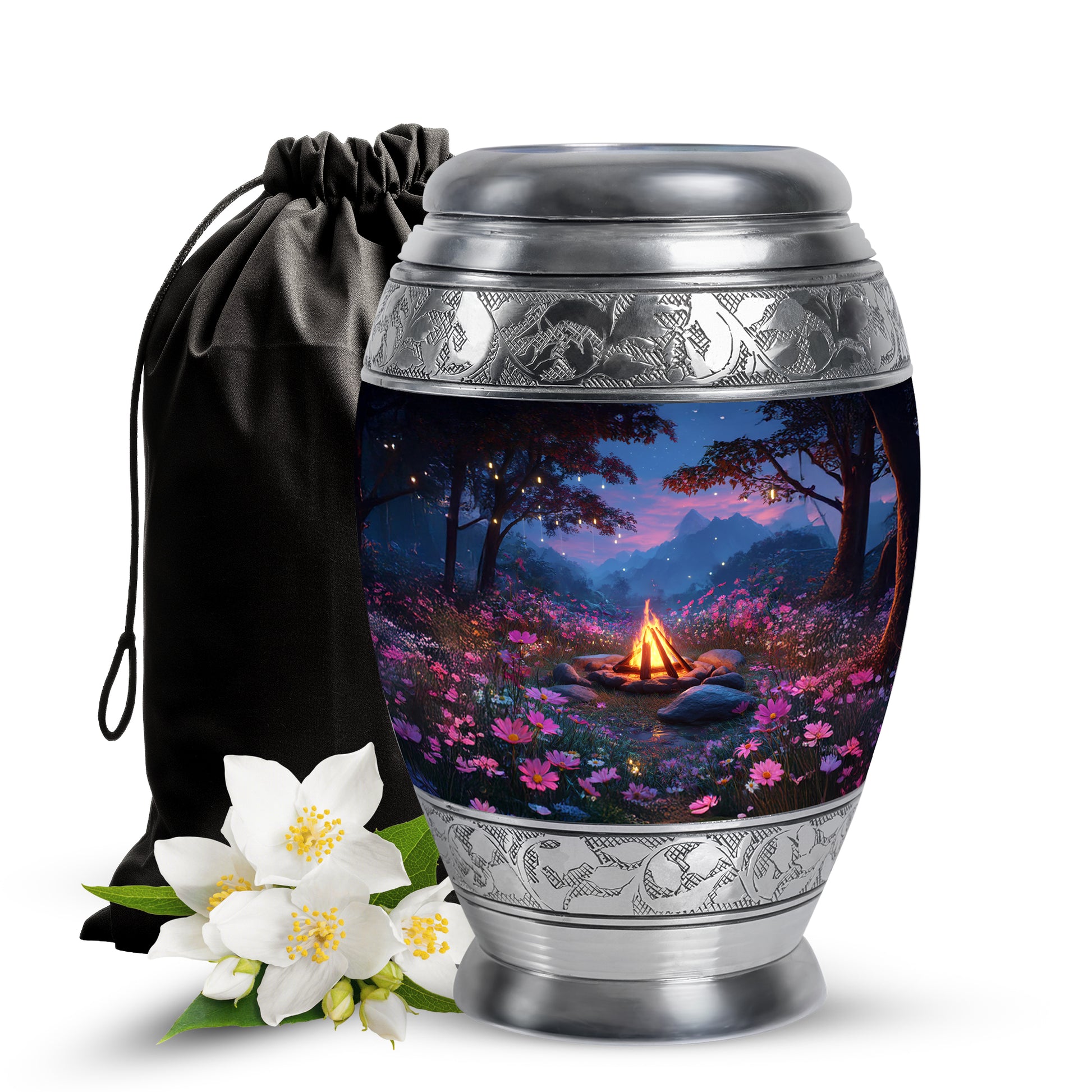 Twilight Blue Campfire Cremation Urn back view with polished surface - majestic campfire pattern with filigree border - full-size 10 inch 200 cubic inch adult cremation urn