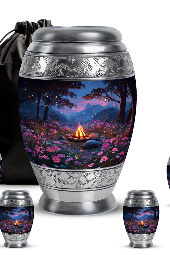 Azure Campfire Cremation Urn detail view - regal campfire design with crown-inspired accents - memorial set with one large and four small urns