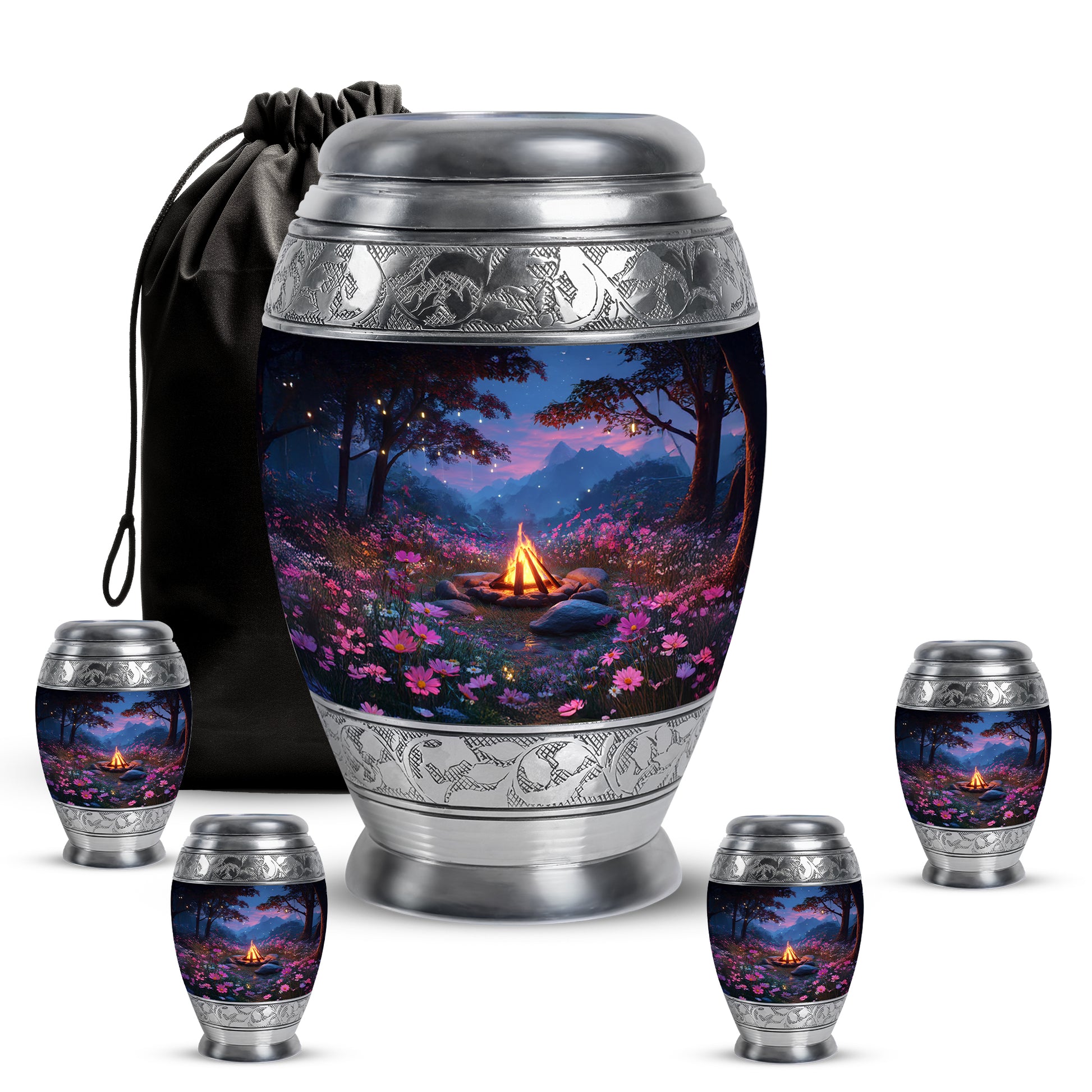 Azure Campfire Cremation Urn detail view - regal campfire design with crown-inspired accents - memorial set with one large and four small urns