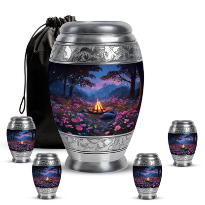 Azure Campfire Cremation Urn detail view - regal campfire design with crown-inspired accents - memorial set with one large and four small urns