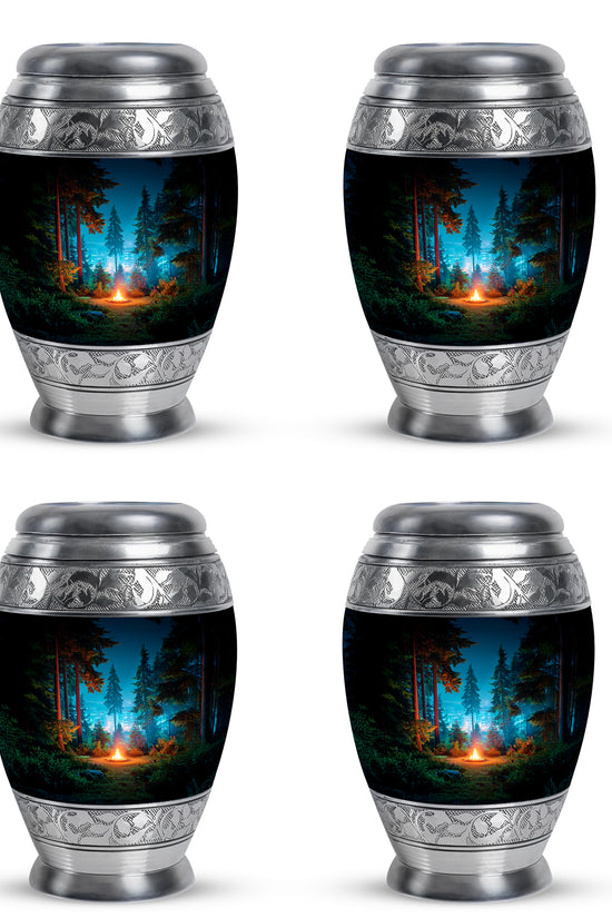 Midnight Black Campfire Cremation Urn urn with complimentary velvet bag - majestic campfire pattern with filigree border - 10 inch aluminum urn for cremated remains