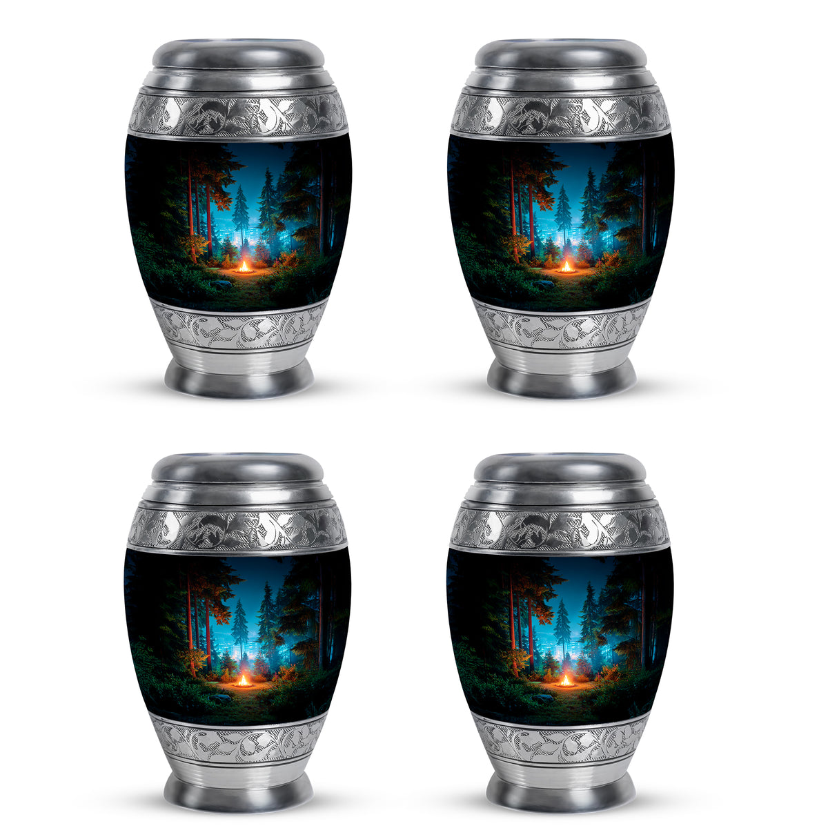 Midnight Black Campfire Cremation Urn urn with complimentary velvet bag - majestic campfire pattern with filigree border - 10 inch aluminum urn for cremated remains