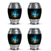 Midnight Black Campfire Cremation Urn urn with complimentary velvet bag - majestic campfire pattern with filigree border - 10 inch aluminum urn for cremated remains