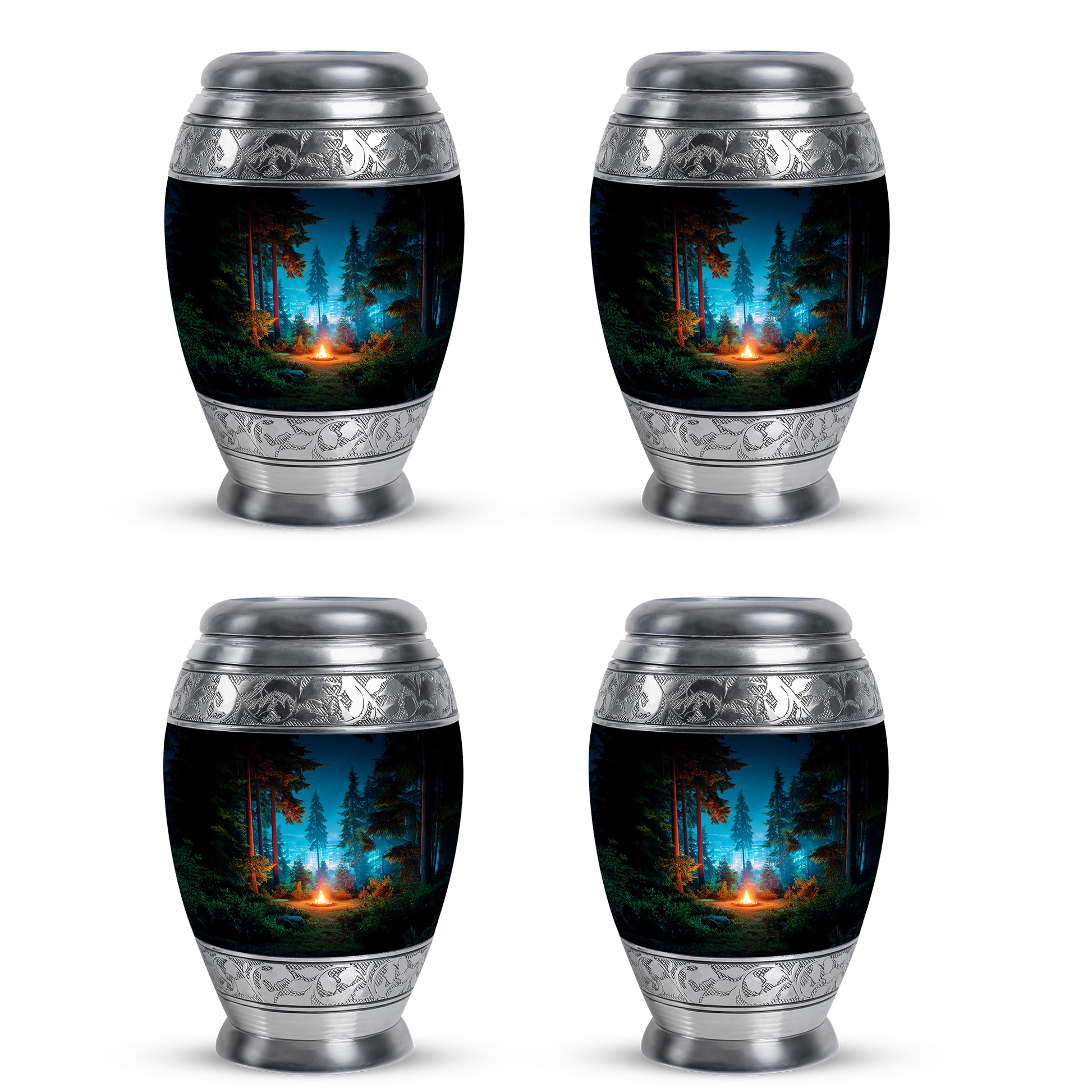 Midnight Black Campfire Cremation Urn urn with complimentary velvet bag - majestic campfire pattern with filigree border - 10 inch aluminum urn for cremated remains