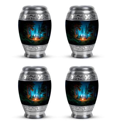 Midnight Black Campfire Cremation Urn urn with complimentary velvet bag - majestic campfire pattern with filigree border - 10 inch aluminum urn for cremated remains