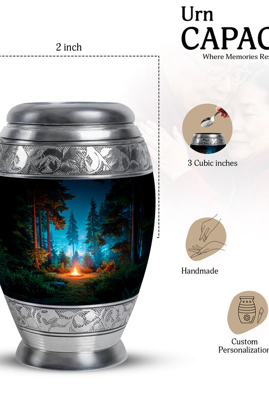 Glossy Black Campfire Cremation Urn lifestyle display on memorial shelf - ornate monarch-style campfire relief on brushed aluminum - mini keepsake memorial for portion of cremation ashes