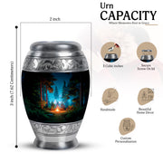 Glossy Black Campfire Cremation Urn lifestyle display on memorial shelf - ornate monarch-style campfire relief on brushed aluminum - mini keepsake memorial for portion of cremation ashes