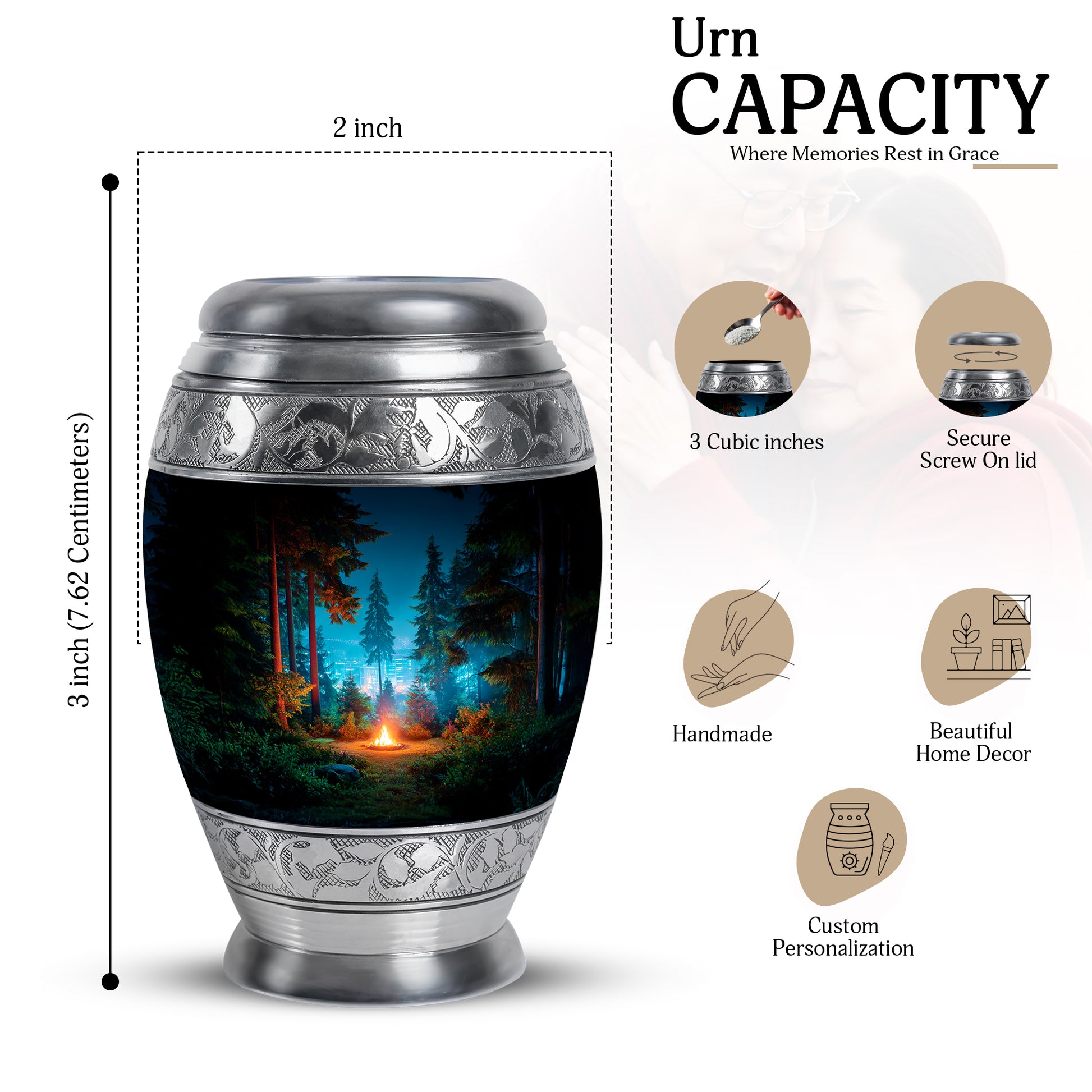 Glossy Black Campfire Cremation Urn lifestyle display on memorial shelf - ornate monarch-style campfire relief on brushed aluminum - mini keepsake memorial for portion of cremation ashes