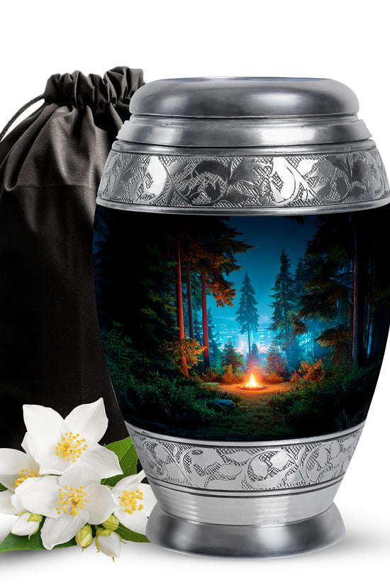 Glossy Black Campfire Cremation Urn back view with polished surface - ornate monarch-style campfire relief on brushed aluminum - full-size 10 inch 200 cubic inch adult cremation urn