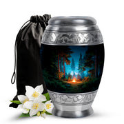 Glossy Black Campfire Cremation Urn back view with polished surface - ornate monarch-style campfire relief on brushed aluminum - full-size 10 inch 200 cubic inch adult cremation urn