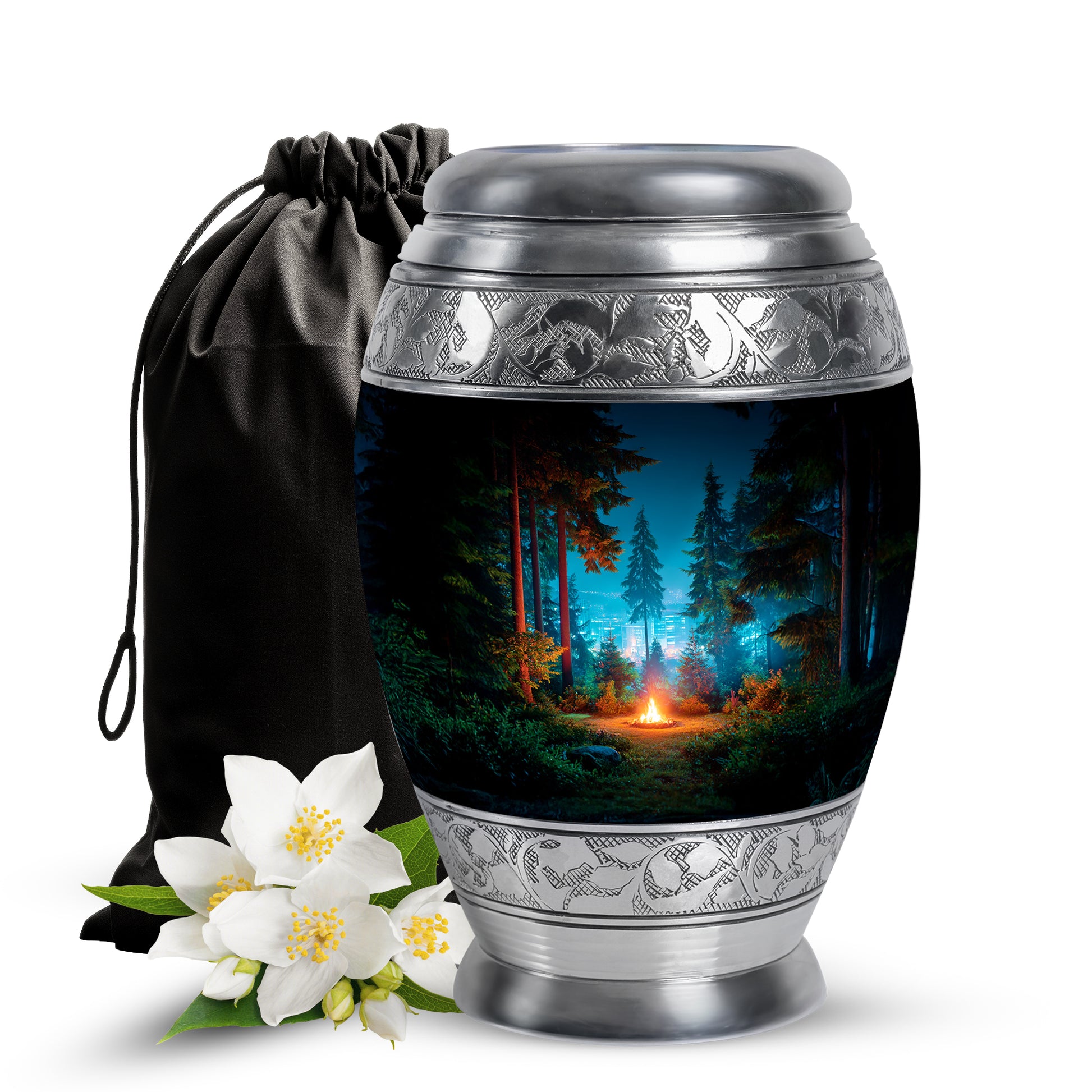 Glossy Black Campfire Cremation Urn back view with polished surface - ornate monarch-style campfire relief on brushed aluminum - full-size 10 inch 200 cubic inch adult cremation urn
