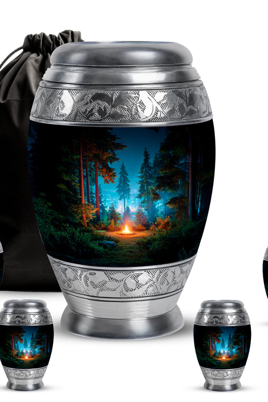 Jet Black Campfire Cremation Urn detail view - regal campfire design with crown-inspired accents - memorial set with one large and four small urns