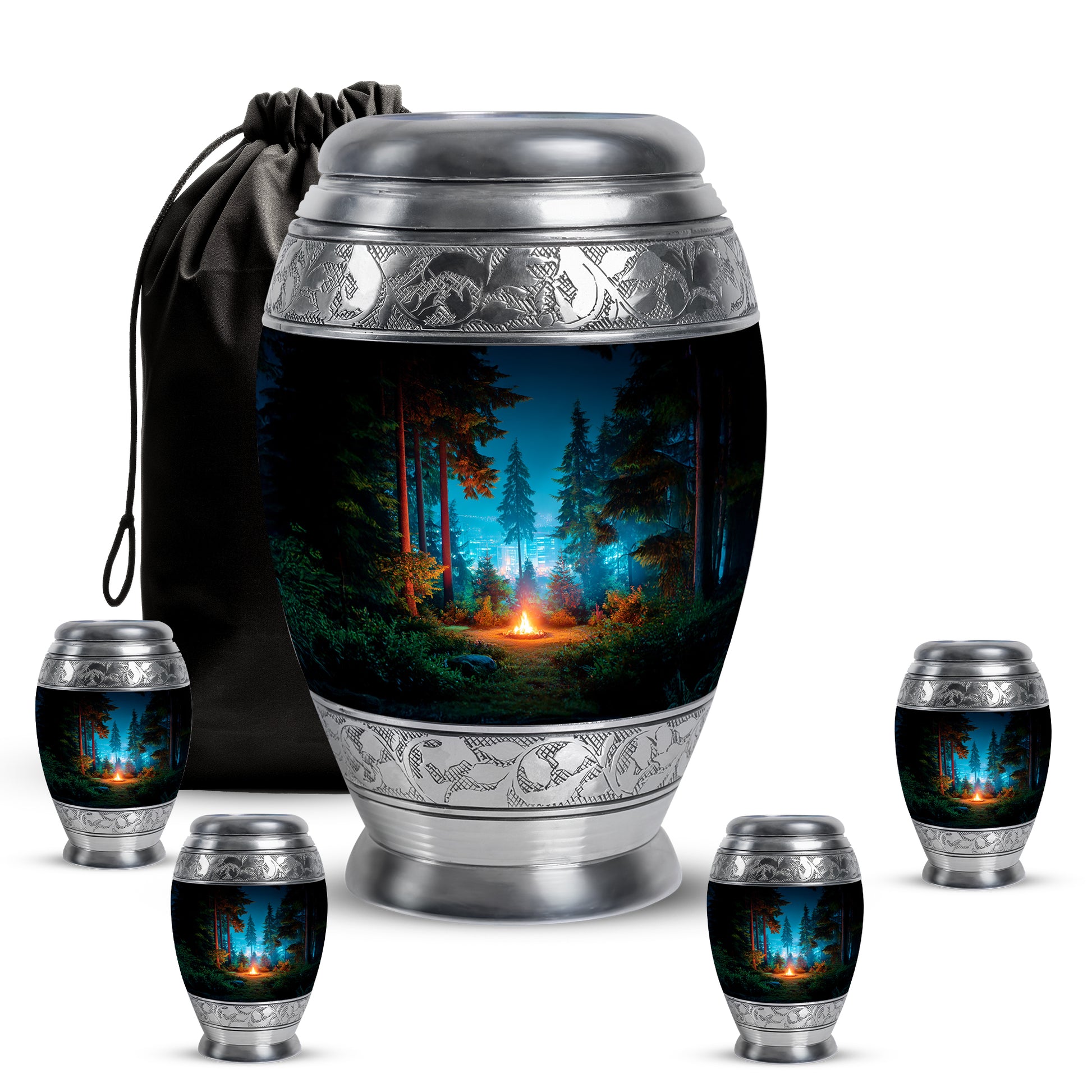 Jet Black Campfire Cremation Urn detail view - regal campfire design with crown-inspired accents - memorial set with one large and four small urns