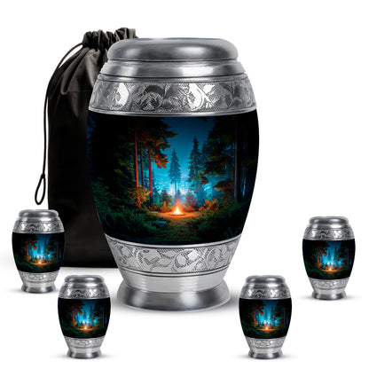 Jet Black Campfire Cremation Urn detail view - regal campfire design with crown-inspired accents - memorial set with one large and four small urns