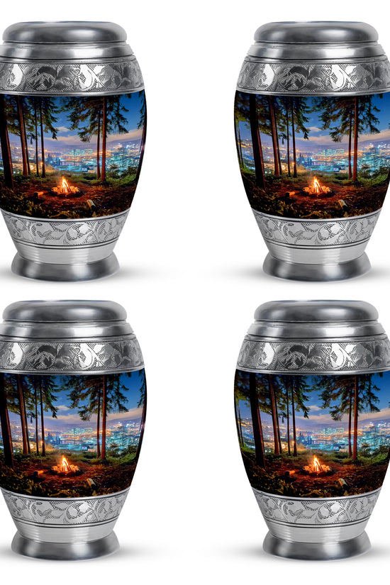Sapphire Blue Campfire Cremation Urn urn with complimentary velvet bag - majestic campfire pattern with filigree border - 10 inch aluminum urn for cremated remains