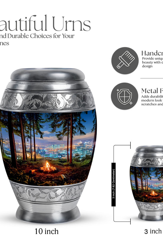 Slate Blue Campfire Cremation Urn lifestyle display on memorial shelf - regal campfire design with crown-inspired accents - mini keepsake memorial for portion of cremation ashes