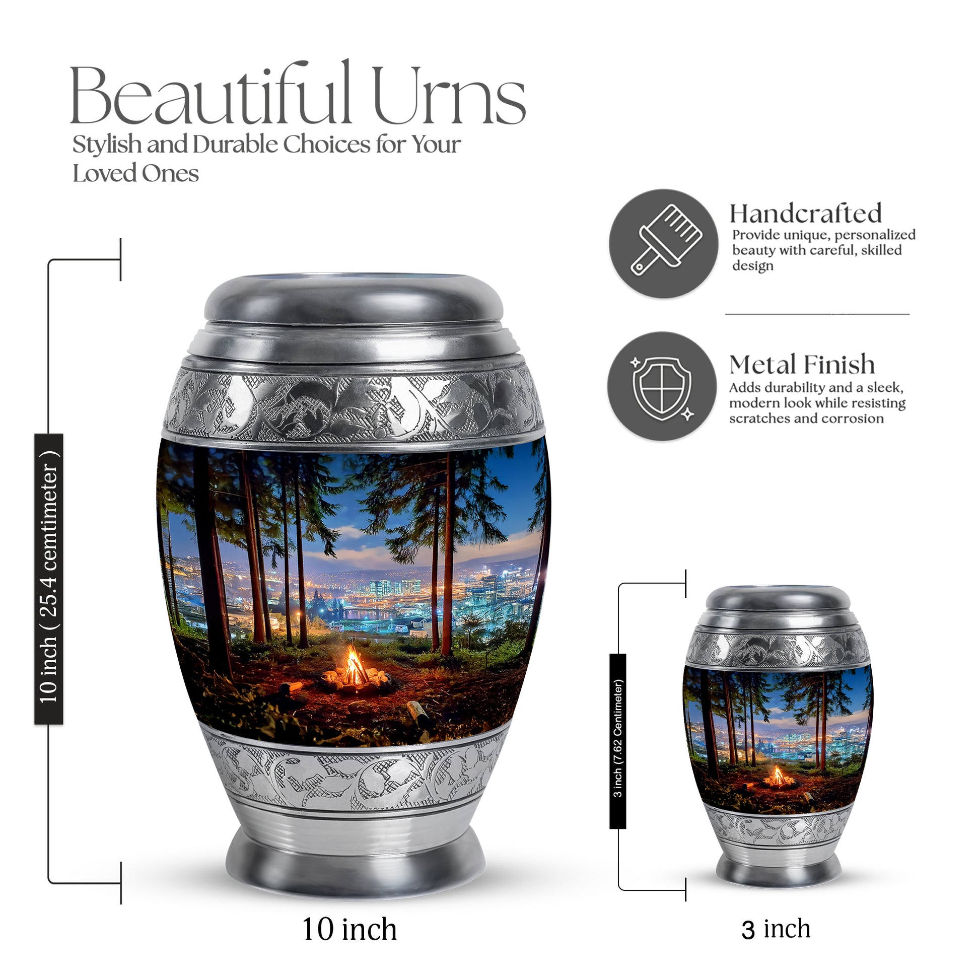 Slate Blue Campfire Cremation Urn lifestyle display on memorial shelf - regal campfire design with crown-inspired accents - mini keepsake memorial for portion of cremation ashes