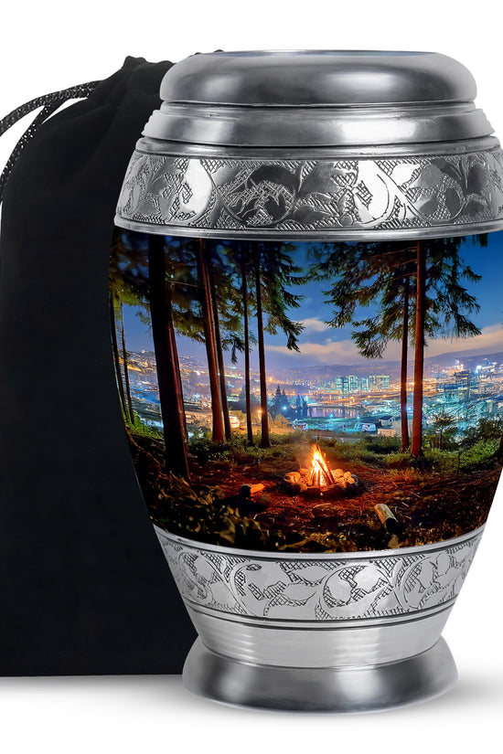 Calming Blue Campfire Cremation Urn back view with polished surface - royal campfire engraving with decorative scrollwork - full-size 10 inch 200 cubic inch adult cremation urn