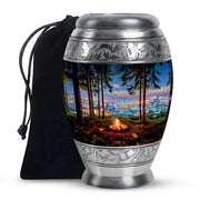 Calming Blue Campfire Cremation Urn back view with polished surface - royal campfire engraving with decorative scrollwork - full-size 10 inch 200 cubic inch adult cremation urn