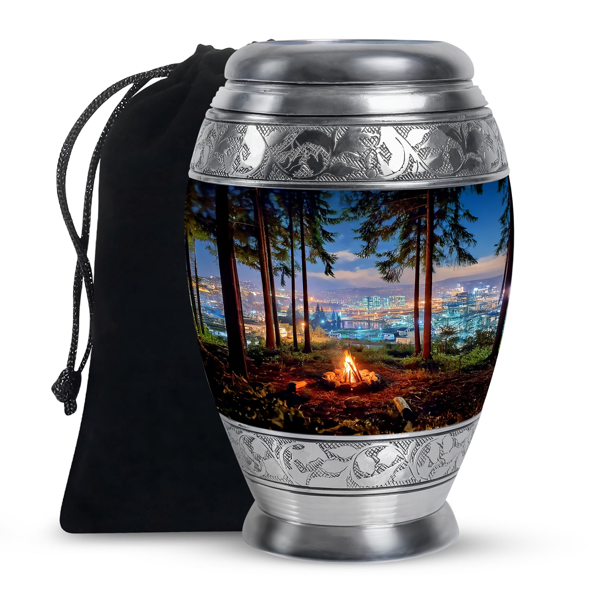 Calming Blue Campfire Cremation Urn back view with polished surface - royal campfire engraving with decorative scrollwork - full-size 10 inch 200 cubic inch adult cremation urn