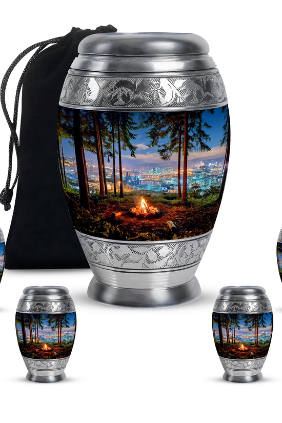 Bright Blue Campfire Cremation Urn detail view - majestic campfire pattern with filigree border - memorial set with one large and four small urns