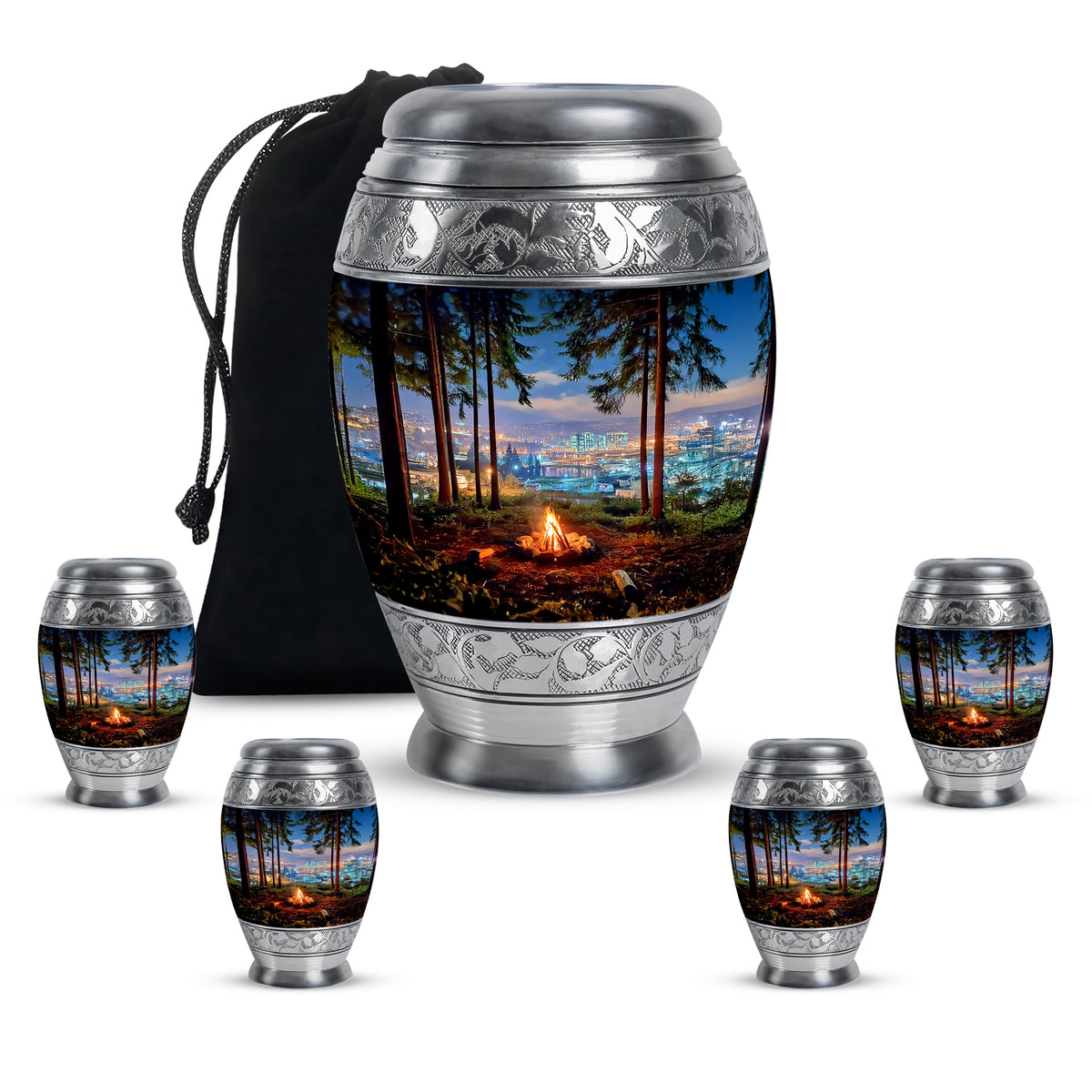Bright Blue Campfire Cremation Urn detail view - majestic campfire pattern with filigree border - memorial set with one large and four small urns
