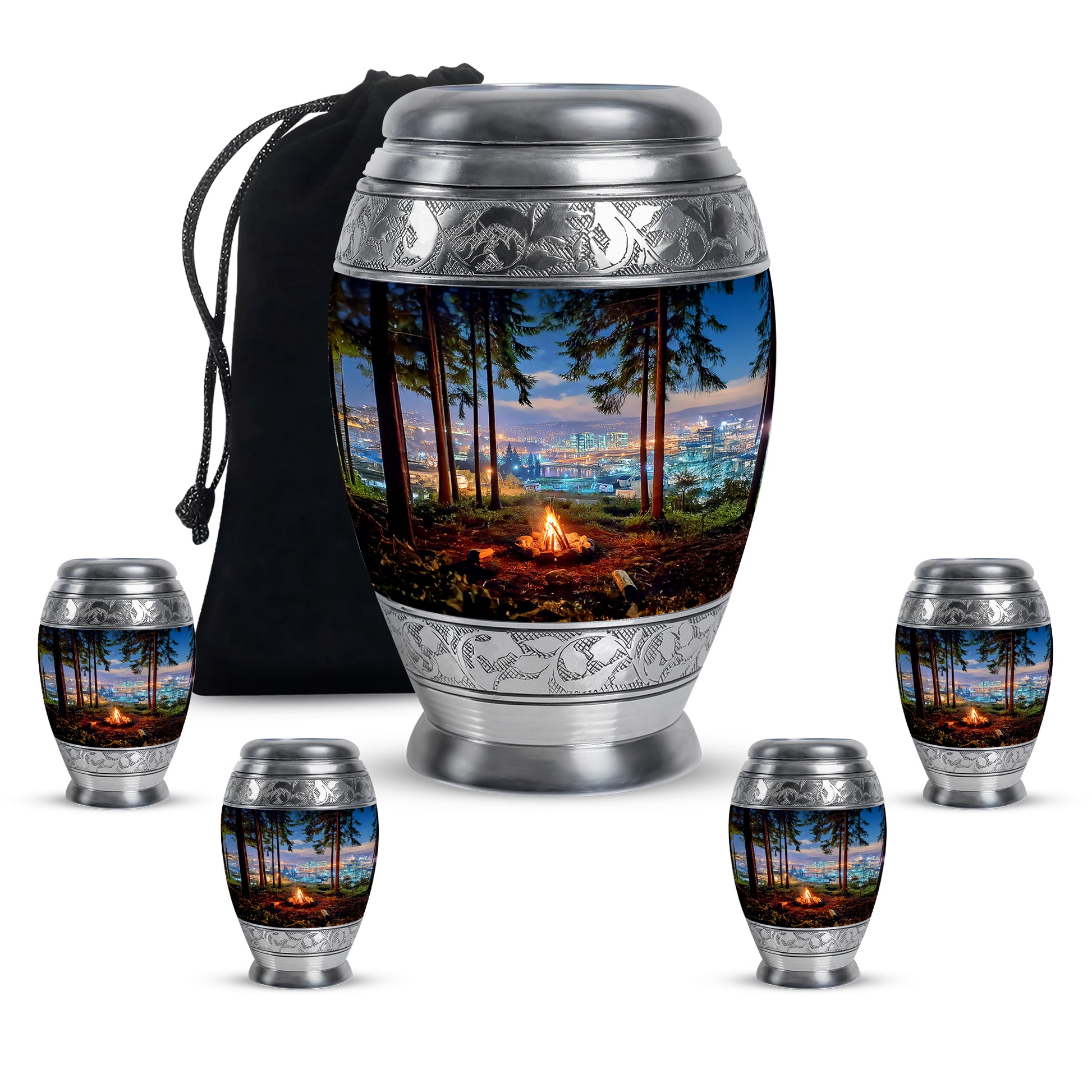 Bright Blue Campfire Cremation Urn detail view - majestic campfire pattern with filigree border - memorial set with one large and four small urns
