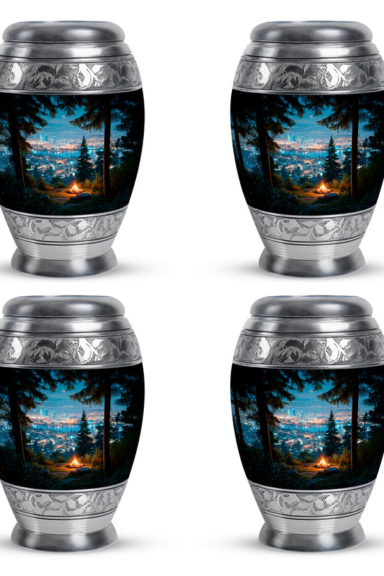 Steel Blue Campfire Cremation Urn urn with complimentary velvet bag - majestic campfire pattern with filigree border - 10 inch aluminum urn for cremated remains