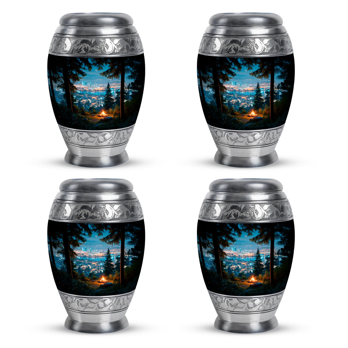Steel Blue Campfire Cremation Urn urn with complimentary velvet bag - majestic campfire pattern with filigree border - 10 inch aluminum urn for cremated remains