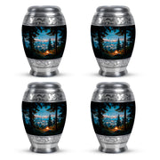 Steel Blue Campfire Cremation Urn urn with complimentary velvet bag - majestic campfire pattern with filigree border - 10 inch aluminum urn for cremated remains